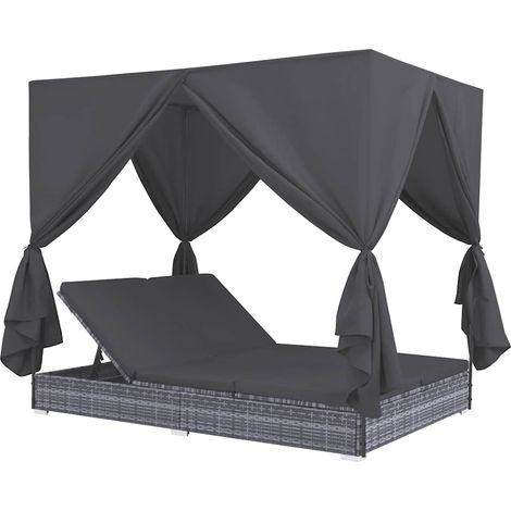 Bain de soleil Moderne - Transat - Fauteuil de jardin relax avec rideaux Résine tressée Gris Chic-631433 (1/5)