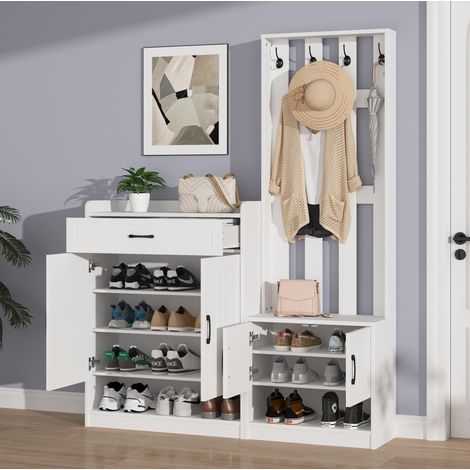 Meuble rangement 3 en 1 entrée 140 cm blanc avec banc OKMYHOME (1/5)