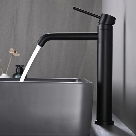 Mitigeur Lavabo Haut Doré, Robinet Salle Bain Pivotant à 360°, Mitigeur pour Vasque a Poser, Robinet de Lavabo en Acier Inoxydable, avec Bec Hauteur 204mm, Réglable Chaud et Froid, Noir Mat (1/5)