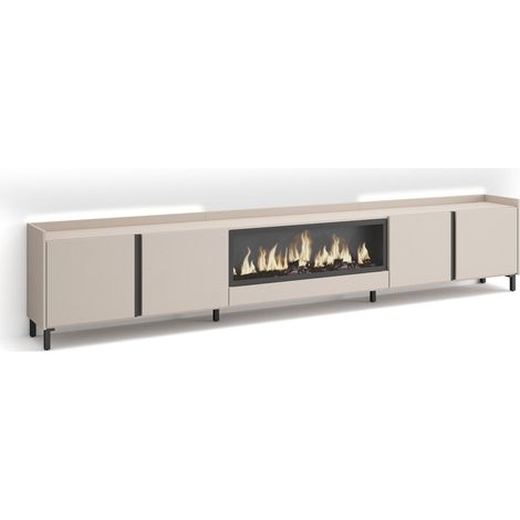 Skraut Home - Meuble TV, Banc Télé, Grand espace de Rangement, 315x35x61cm, Pour les TV jusqu'à 80", Cheminée électrique XXL, Design industriel, LED, Style moderne, Beige (1/5)