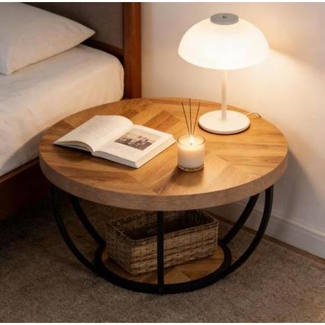 Table basse ronde moderne 2 niveaux bois et métal HAVRYA (1/5)
