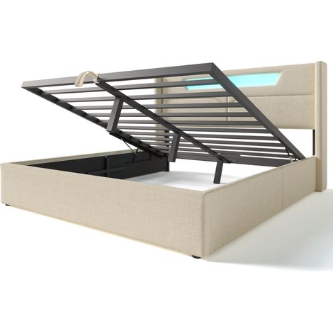 Lit Coffre Lit Double, USB, Type-C et LED Réglable, 160×200 cm, sans Matelas, en Tissu Linen Beige (1/4)