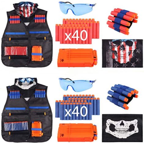 Kit de gilet tactique pour Nerf, lot de 2 gilets tactiques pour enfants compatibles N-Strike, accessoires Nerf avec recharge de 80 fléchettes, 2 chargeurs pour 12 fléchettes, 4 bracelets pour 8 fléche (1/5)