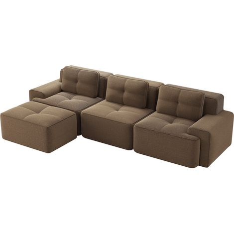 Canapé modulable d’angle en velours côtelé marron, design boneless sans montage, dossier enveloppant et ottoman, 3 places, pour salon  CHICFURN (1/5)