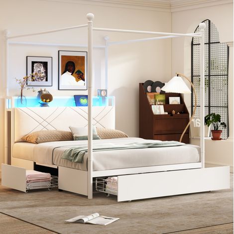 Cama multifuncional 140x190 cm blanca de metal con baldaquino, cabecero acolchado, LED y USB/Type-C (1/5)