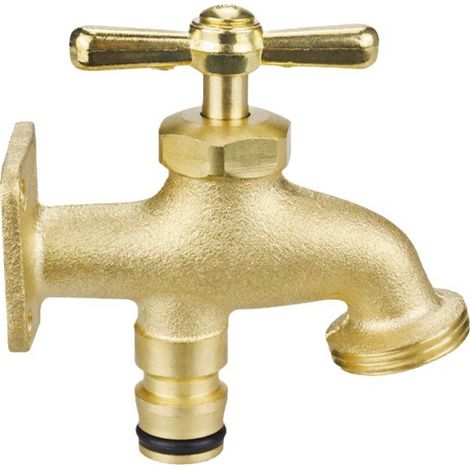 Robuster Messing-Außenwasserhahn mit Adapter, ¾" BSP-Gewinde, einfache Montage an Pfosten oder Holzwänden. (1/5)