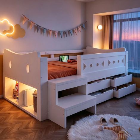 Letto singolo per bambini 204x114x70 cm bianco in legno con cassetti, LED e porte di ricarica (1/5)