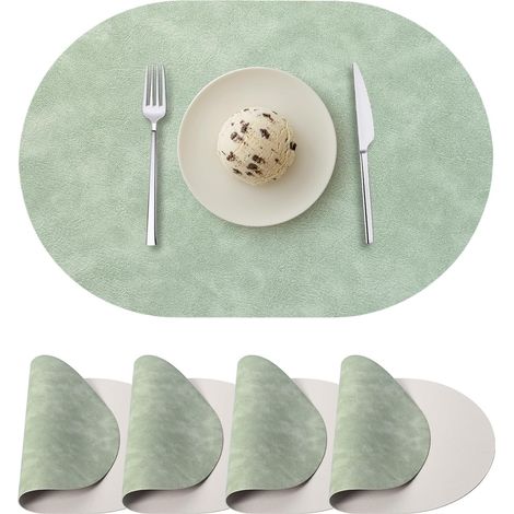 Lot de 4 sets de table ovales en similicuir pour table de salle à manger, sets de table double face, résistants à la chaleur, lavables et faciles à nettoyer, pour intérieur et extérieur, vert/beige'Ve (1/5)