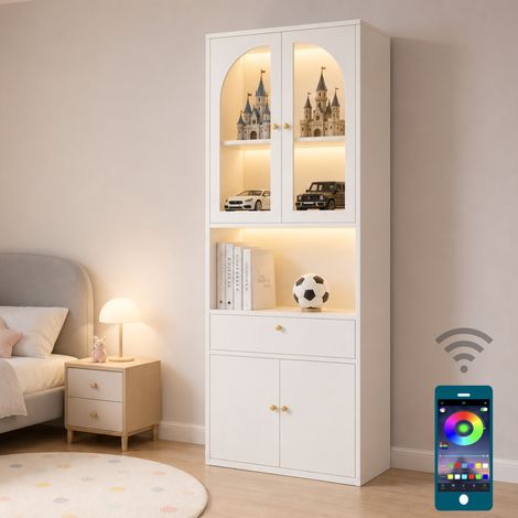 Modernluxe - Vitrine, bibliothèque, meuble de rangement 70x35x180 cm - Bande lumineuse LED multicolore - 4 portes et 1 tiroir - MDF - Blanc (1/5)