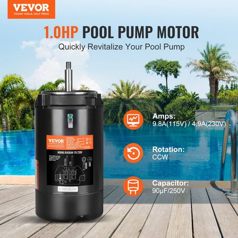 Moteur de pompe de piscine 1 CV 56J, 115 V (9,8 A)/230 V (4,9 A) 3450 tr/min, facteur de service 1,4, condensateur 90 μF/250 V, mot… (1/5)