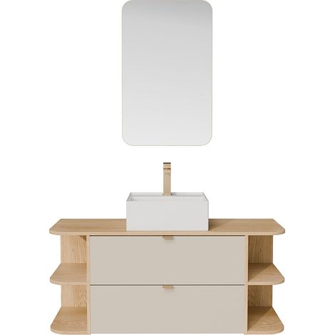 Mobile lavabo sospeso con nicchie, lavabo da appoggio quadrato, rubinetto e specchio Beige e Naturale chiaro 120 cm - LAVENA (1/4)