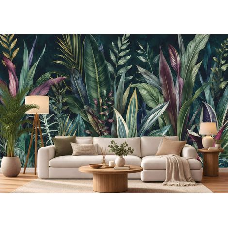 Papier peint panoramique feuilles tropicales jungle pour salon et chambre 254x184  cm (1/5)