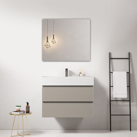 Mobile bagno sospeso cannettato 80 cm Grigio Cenere Lavabo in Resina Specchio Quadro - Fiji Paint (1/4)
