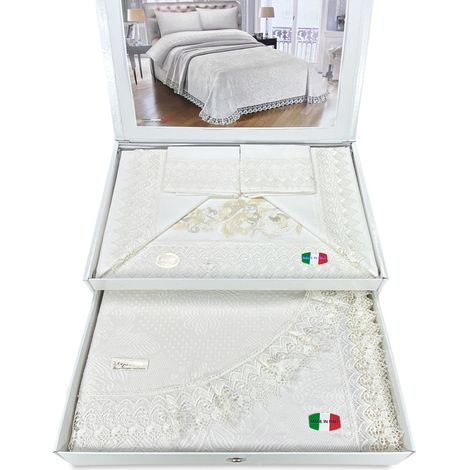Bauletto Aurora – Completo Lenzuola Matrimoniali Puro Cotone & Copriletto con Pizzo Macramè Intarsiato – Made in Italy