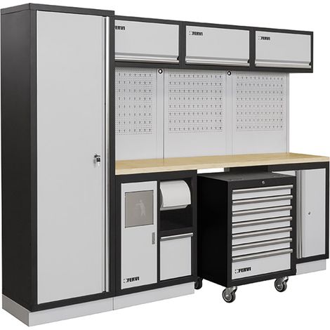 Arredamento modulare per officina FERVI A007E - 2640 x 498 x 2000 h mm - piano in legno (1/4)