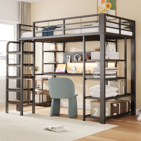 Lit mezzanine 90x200 cm, avec bureau, panneau perforé, prise CEE, LED multicolore, étagères et échelle verticale, métal, Noir