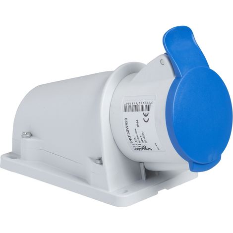 Schneider – Socle prise BT inclinée 32A 250V – IP44 – connexion vis imperdable – pour câbles flexibles ou rigides – gris clair RAL 7035 (1/2)