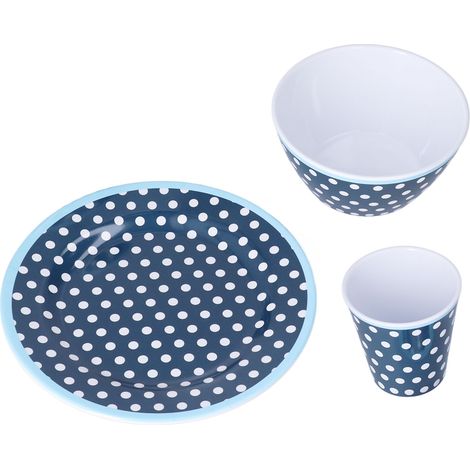 Ensemble de 3 Pièces pour Salade : Assiette, Bol et Tasse à Points Bleu Foncé