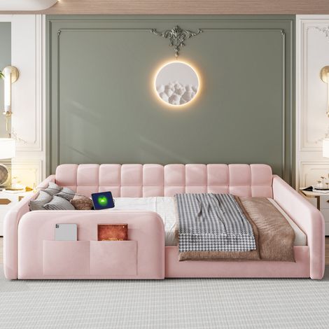 Lit Enfant Rembourré 140x200 cm avec Tiroir de Rangement, Veilleuse et USB/USB-C, doté de Barrières Hautes sur 4 Côtés et d’un Dossier Épais, en Velours - Rose (1/5)