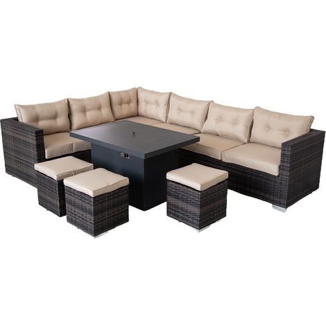 Rattan Corner 9 Seater Rattan Garden Furniture Set, Gas Fire Pit Table Set - Mix Brown (1/2)