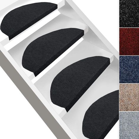 Marchettes d'escalier autocollantes - Tapis d'escalier antidérapant - Tapis de marches en fibres synthétiques anti-allergiques - Lot de 15 nezs de marche Demi-Lune - Leipzig, 23x65 cm Anthracite (1/5)