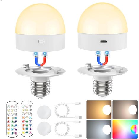 Lot de 2 ampoules rechargeables E26 avec télécommande et minuteur, ampoule à piles pour appliques et lampes, ampoules magnétiques pour luminaires non câblés, 3 températures de couleur + 12 couleurs (1/5)