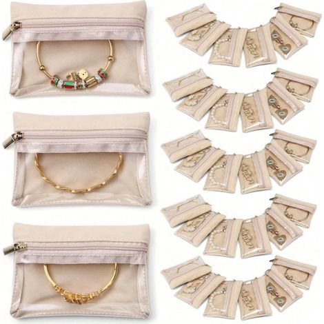Set de 12 range-bijoux pour femmes : sac de voyage, étui, poche pour ranger colliers, bracelets, bagues, boucles d'oreilles, fermeture zippée, compact, portable, anti-oxydation (1/5)