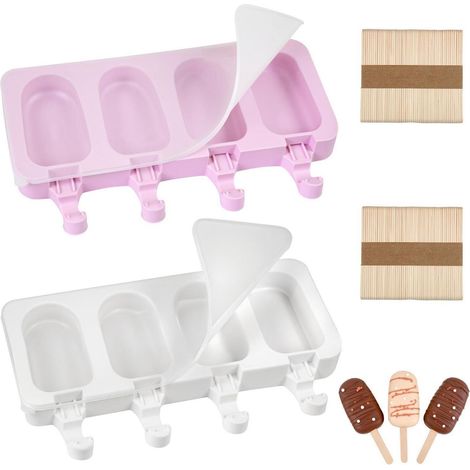 Set de 2 moules à glace en silicone avec couvercle & 100 bâtonnets en bois