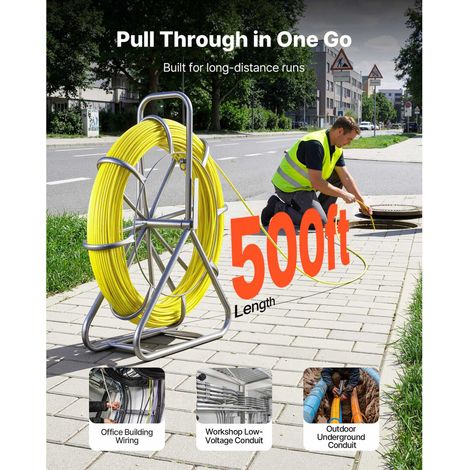 Tire-fil fibre de verre 152m 6.3mm, rouleau passage cable sur chevalet, tige cablage avec verrou, outil tirage mur sol conduit electrique non conducteur (1/5)