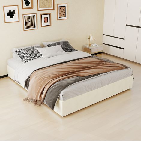 Bettgestell 160x200 cm Beige aus Stoff und Metall mit stabilem Mehrfachstützsystem und modernem Design (1/5)