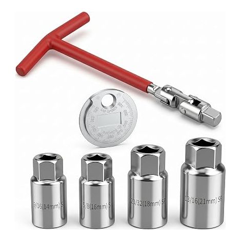 Universal Spark Plug Wrench Set 5 Pieces Ultra-Thin Sockets 14mm 16mm 18mm 21mm with Ergonomic T-Handle and Spacer Calibrator Flexible Gimbal Joint for Motorcycle Engine Mower (1/5)