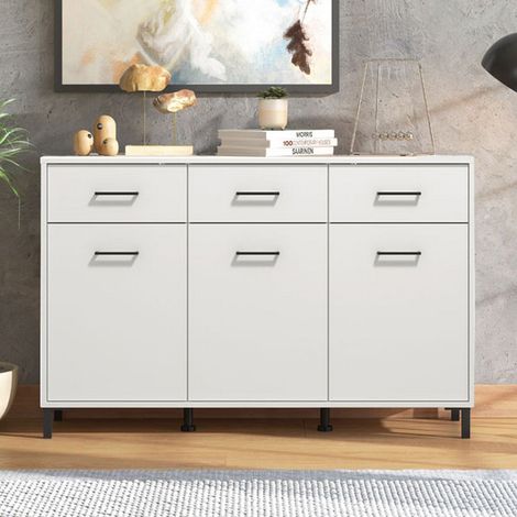 Kommode Laerru, Anrichte 3 Regale, 3 Schubladen, 3 Türen, 138x40x90h cm Weiß (1/5)