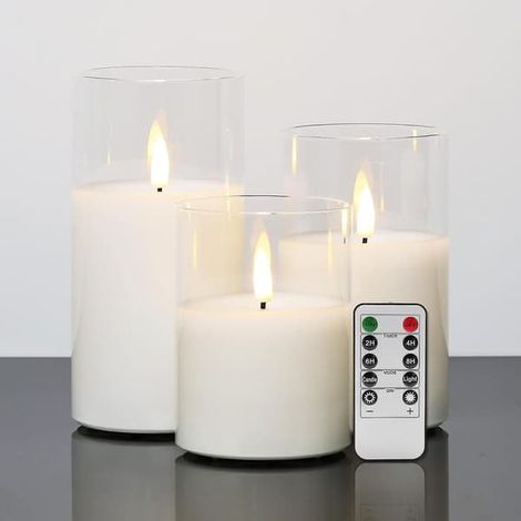 Bougie LED en verre transparent avec télécommande, clignotement réaliste, sans flamme et fonctionnant sur piles, ensemble de 3 pièces. (1/5)