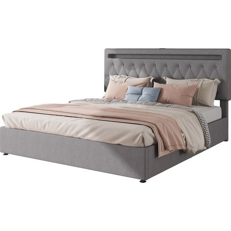 Letto matrimoniale 180x200 cm imbottito con rete idraulica, LED RGB controllabile da app, presa USB e contenitore, grigio  CHICFURN (1/5)