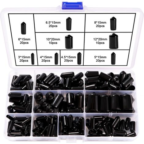 160pcs 9 Sizes 3-12mm Rubber End Cap Assortment Kit Round Flexible Screw Caps Vinyl Protective Caps for Screws, Tubes, Cables, Wires, Black (1/5)
