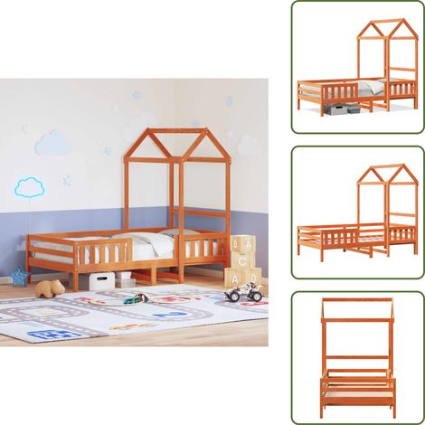 Massivholzbett mit Dach Wachsbraun 90x200 cm Kiefer - Kinderbett - Holzkinderbett - Kiefernbett - Jugendbett - Schlafzimmer Dekoration