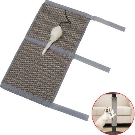 Tapis griffoir pour chat, 50 x 25 cm, sisal naturel, griffoir pour pied de table, avec Velcro et jouet souris, protection des meubles, jouet pour chat — Gris (1/5)