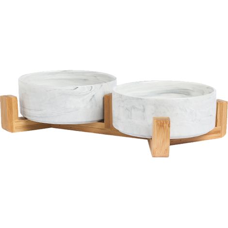 Comedero y bebedero de cerámica para perros y gatos, elevado y con marco de madera antideslizante.