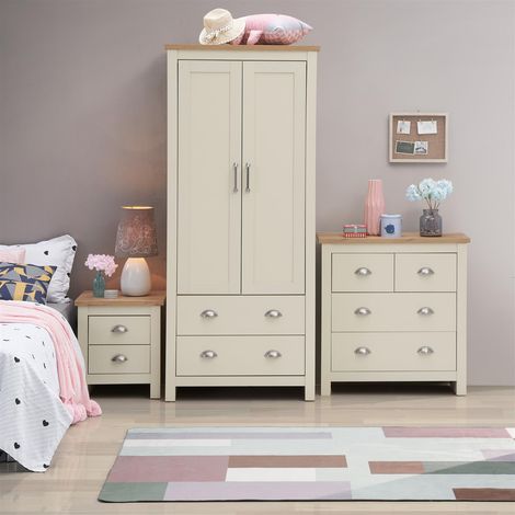 3 Piece Bedroom Set Cream 2 Door Wardrobe 2+2 Chest 2 Drawer Bedside Table Oak Top (1/5)