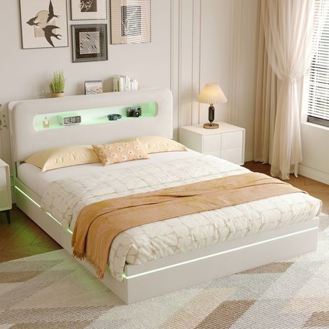 Lit adulte 160x200cm - Lit flottant – Effet nuage – Tête de lit design – –Éclairage LED réglable – Sommier à lattes – Lin beige (1/5)