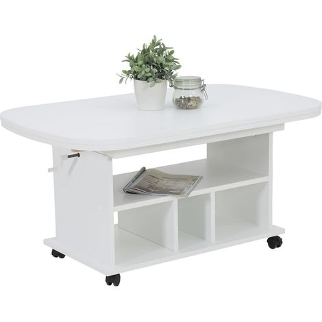 Tische, Table Basse Fonctionnelle, en matériau dérivé du Bois avec revêtement en mélamine, Blanche, réglable en Hauteur de 53 à 63 cm, Extensible de 107 à 157 cm, sur roulettes (1/5)