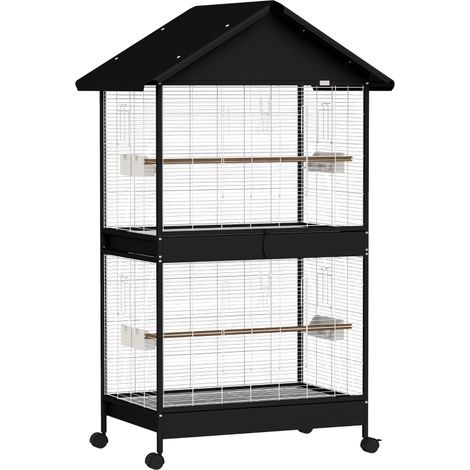 Aviario grande, jaula para aves con pared divisoria desmontable, 2 puertas, 2 perchas de madera, ruedas, 2 cuencos, 4 dispensadores de alimento XXL (1/5)