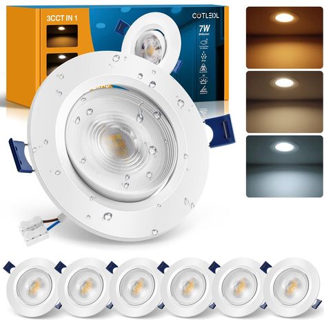 Spots LED Encastrables Orientables, Trou Ø85-100 mm, 7 W 650 lm  3000/4000/6500K au Choix, Faisceau 38°, IP44, Non Dimmables, Spots de Plafond pour Salle de Bain, Cuisine et Salon, Lot de 6 (1/5)