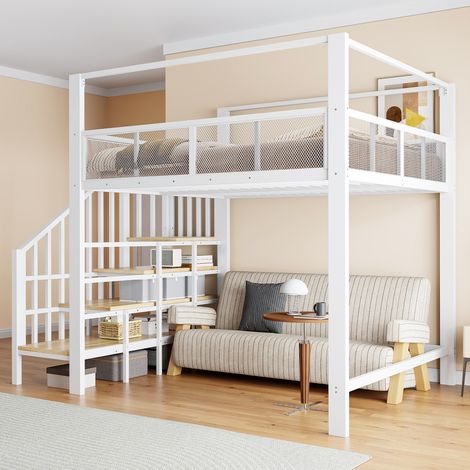 Lit mezzanine en métal 140×200 cm avec baldaquin, échelle de sécurité, espace de travail sous le lit, marches de rangement, lit mezzanine simple pour chambre, blanc (1/5)