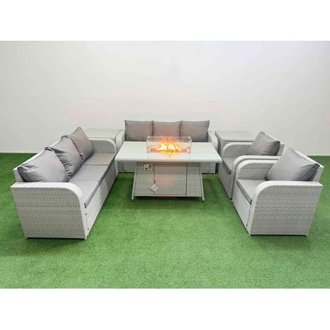 Fimous PE Rattan High Back Lounge Sofa Set Patio Firepit Dining Table & Chairs Set with 3 Seater Sofa Reclining Chair 2 Side Table Light Grey (1/4)