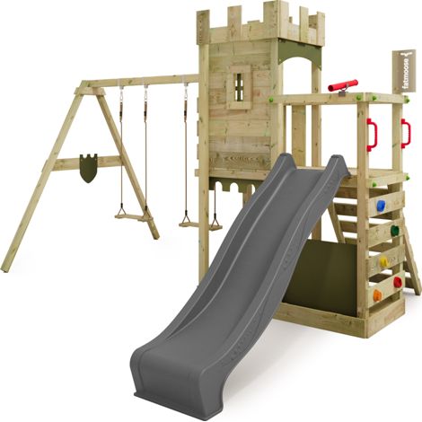 Fatmoose BoldBaron Boost castle style climbing tower with swing in anthracite