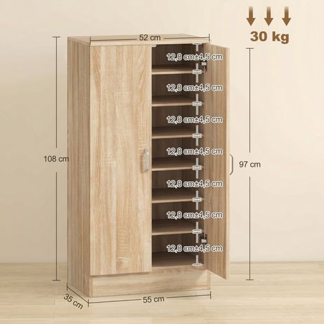 Meuble de rangement chaussures 2 battants, 6 niveaux ajustables, charnières amorties, capacité 14 paires, bois naturel, armoire à chaussures avec fermeture douce (1/5)