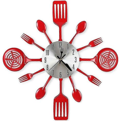Horloge murale de cuisine 16 pouces avec cuillères et fourchettes, horloge murale 3D représentant de la vaisselle (rouge) (1/5)