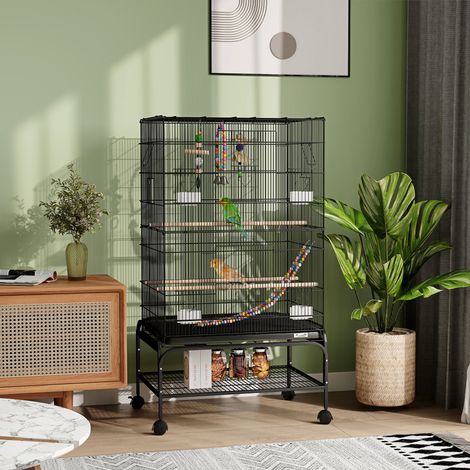 Cage à oiseaux avec aire de jeu, roulettes, plateau et étagère amovibles, 64 x 45 x 110 cm, noire (1/5)