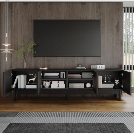Mobile TV basso 169 x 34 x 45,5 cm nero con 4 ante, ripiani e piedini stabilizzatori DESVIAE (1/5)